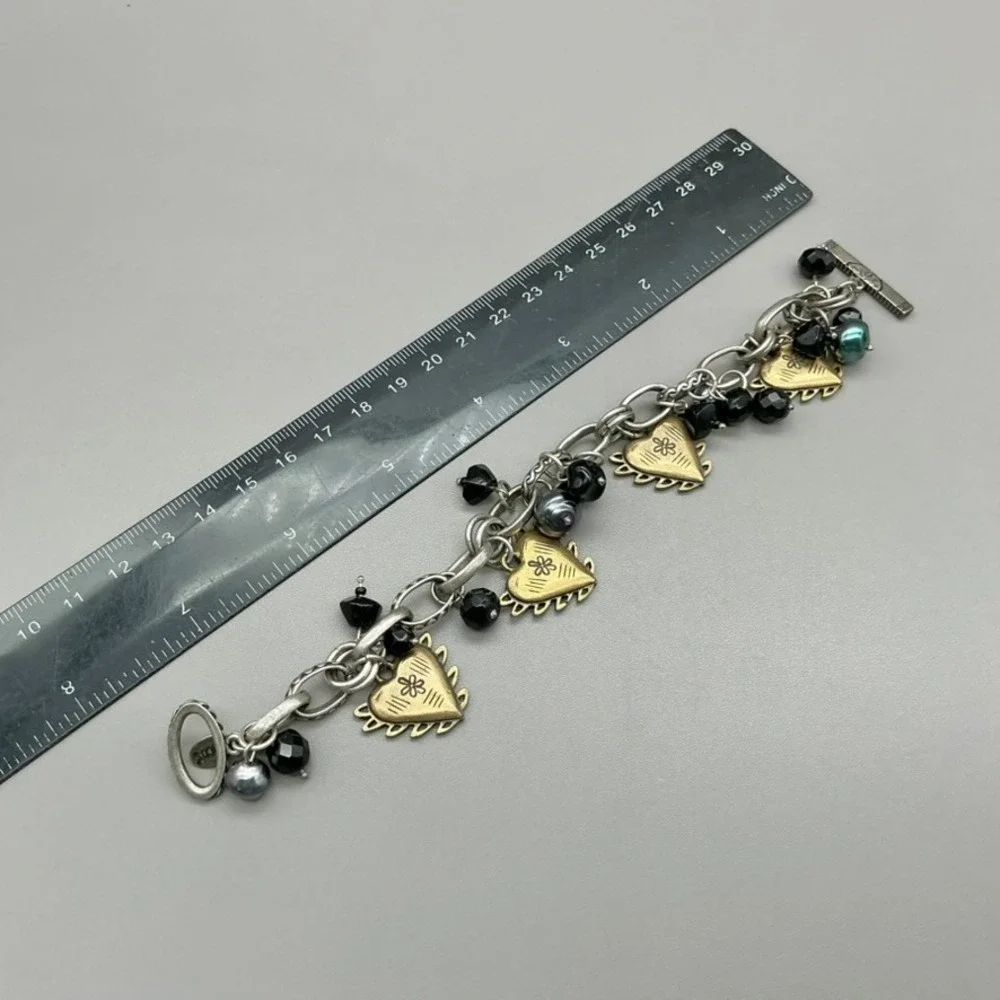 Chicos Bracelet Womens Silver Tone Gold Tone Heart Charm Black Bead 8 Inch